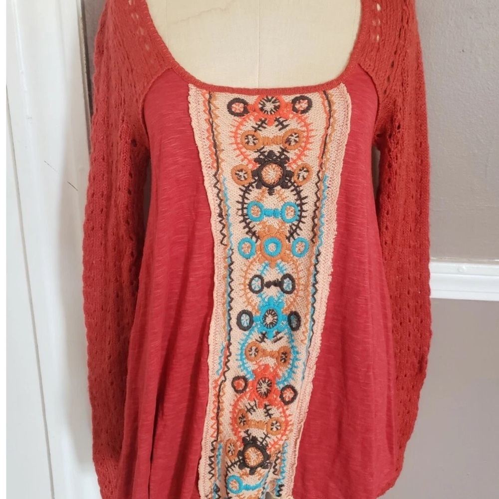 Free People Embroidered Sweater Red